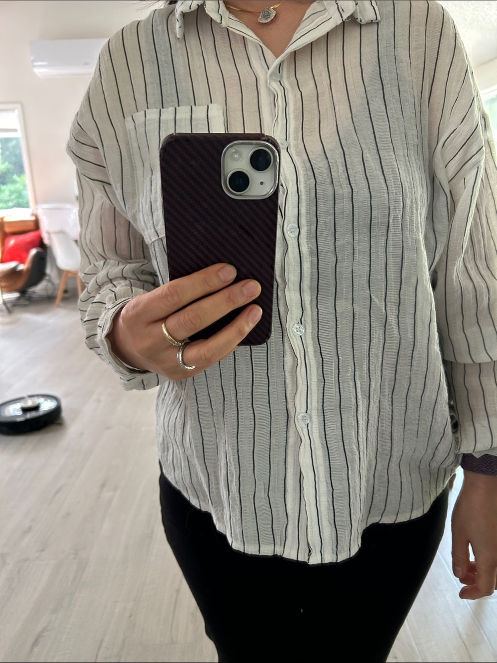 Striped White and Black Button-Up Shirt - Women
